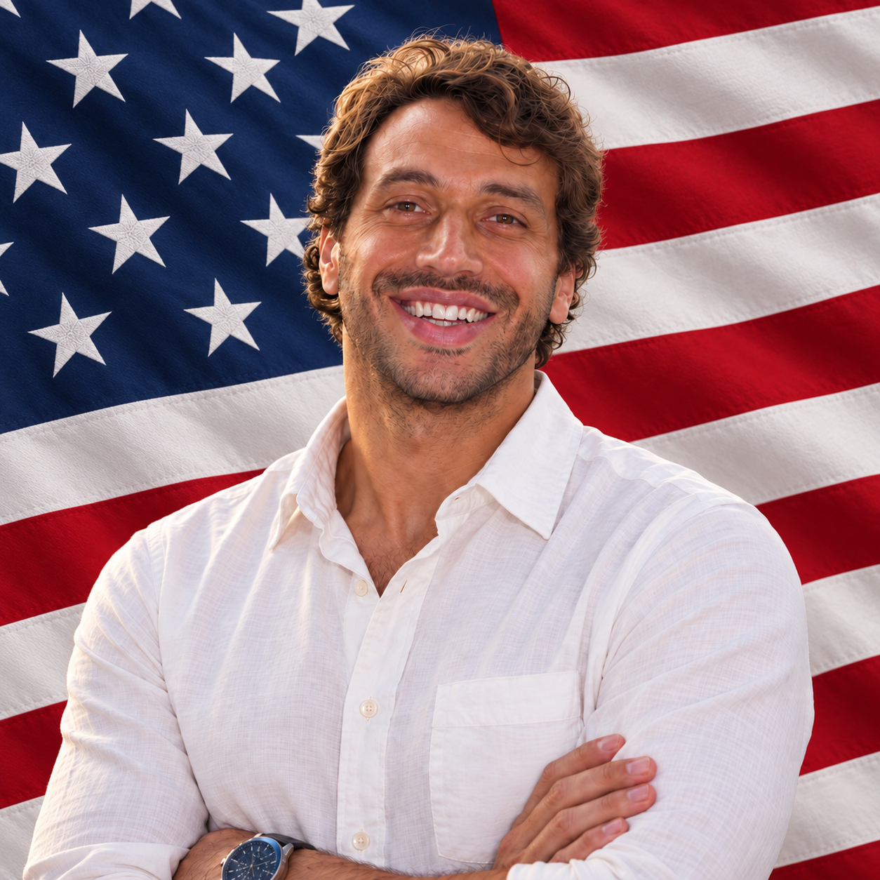 Tiago Brito com a bandeira dos Estados Unidos ao fundo